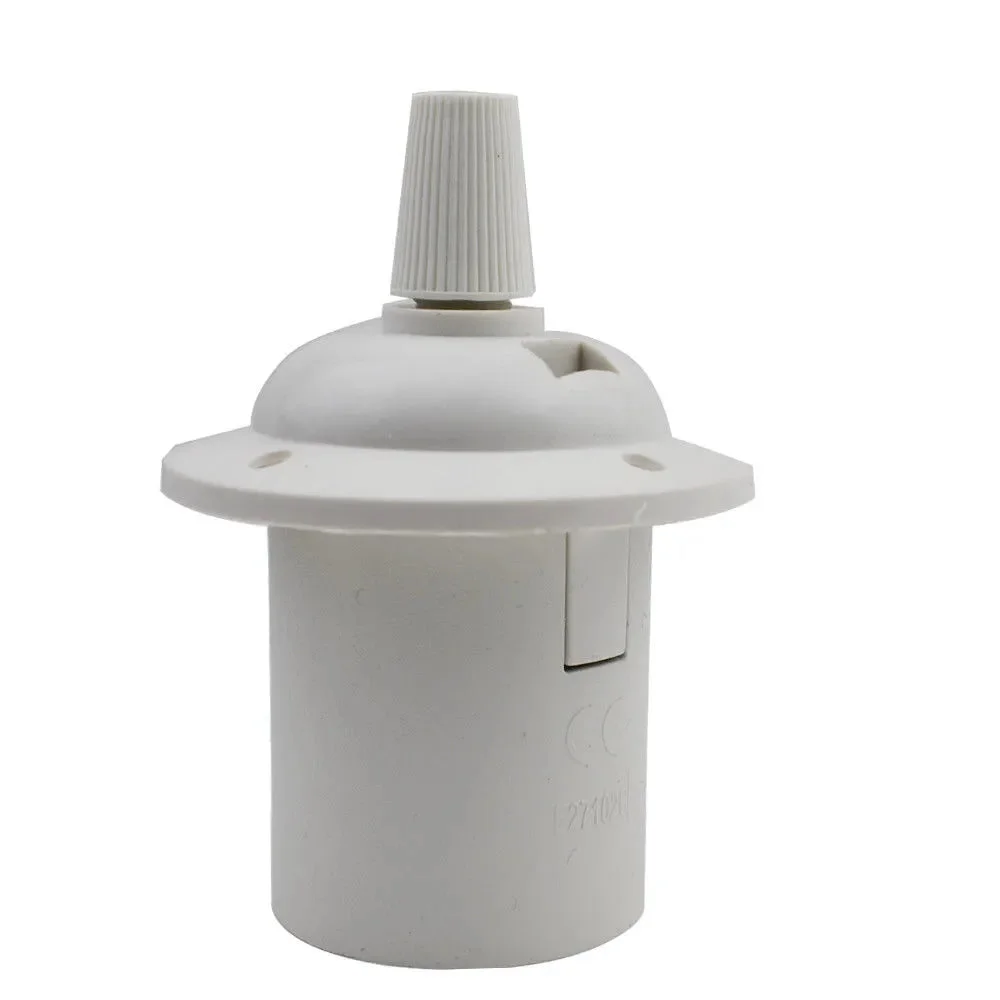 White vintage‑style E27 lamp holder with metal screw socket and plastic cover, for indoor use.