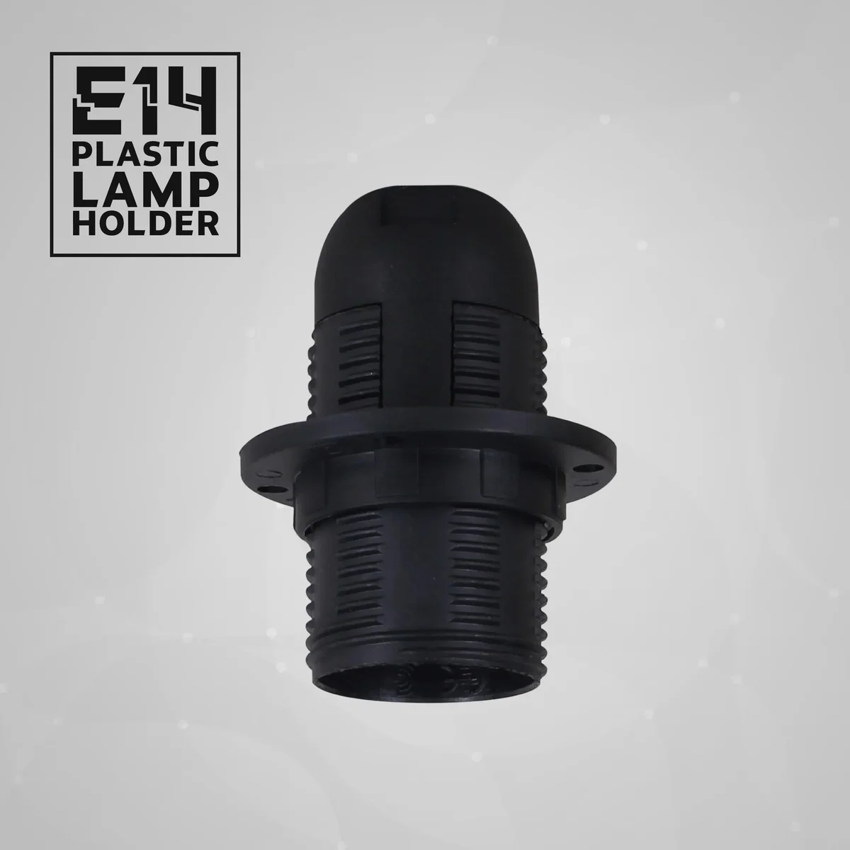 Black vintage E14 bulb holder with metal base, plastic socket, removable lampshade collar.