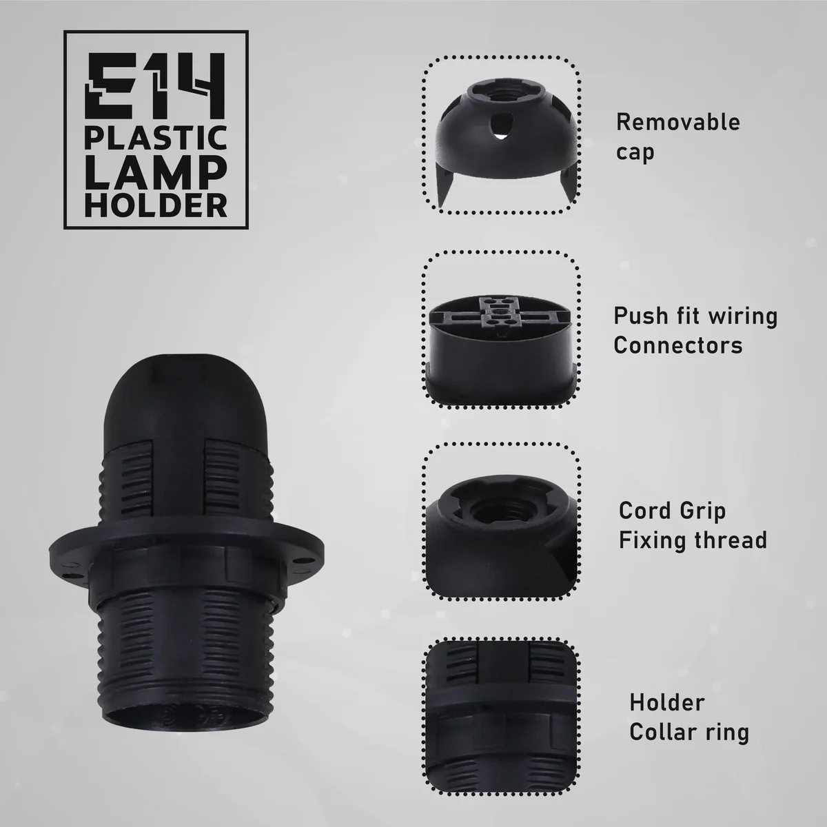 Black plastic Vintage Edison screw lamp holder with removable lampshade collar and 39mm ring thread
