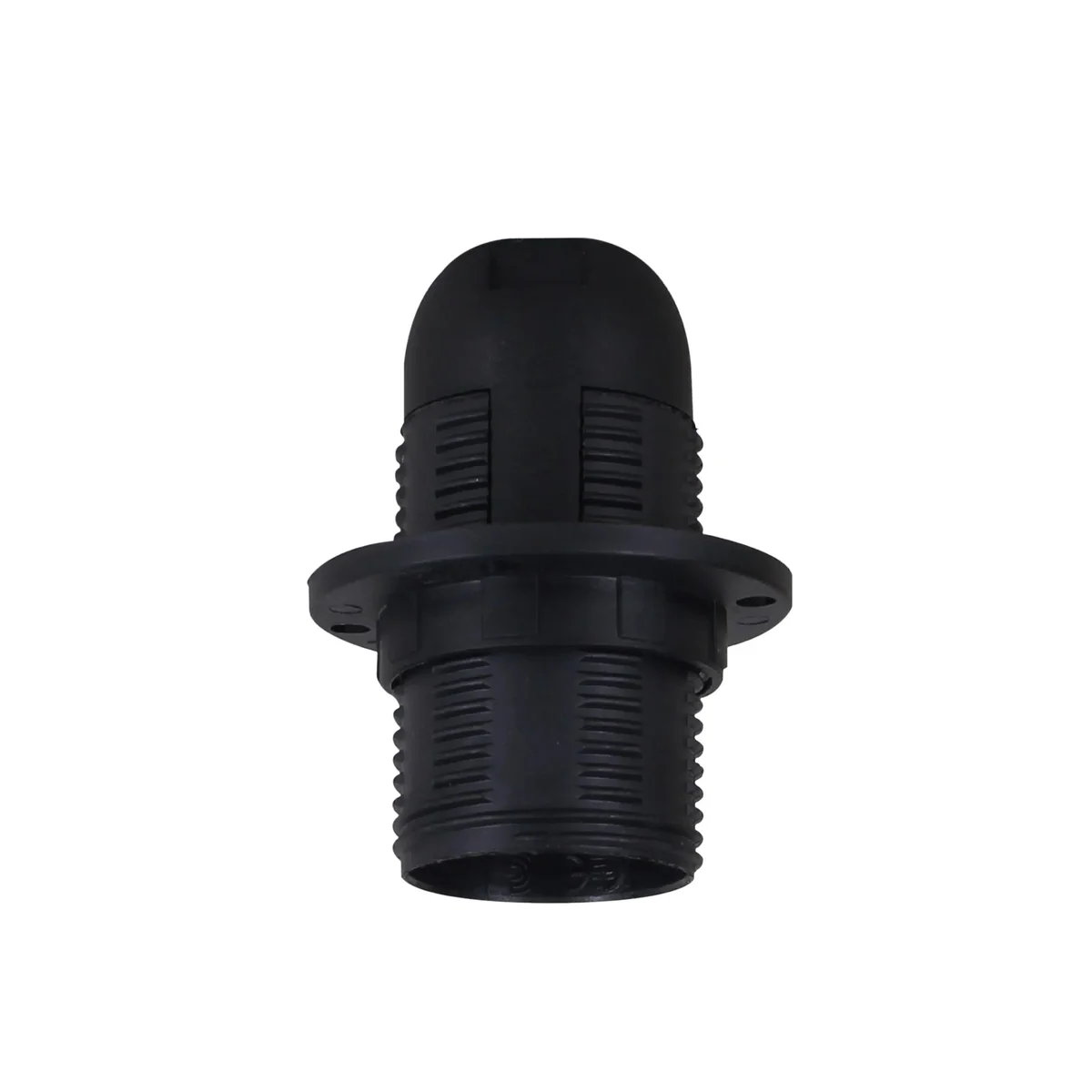 Black plastic bulb socket with metal rim and removable lampshade collar, E14 screw style