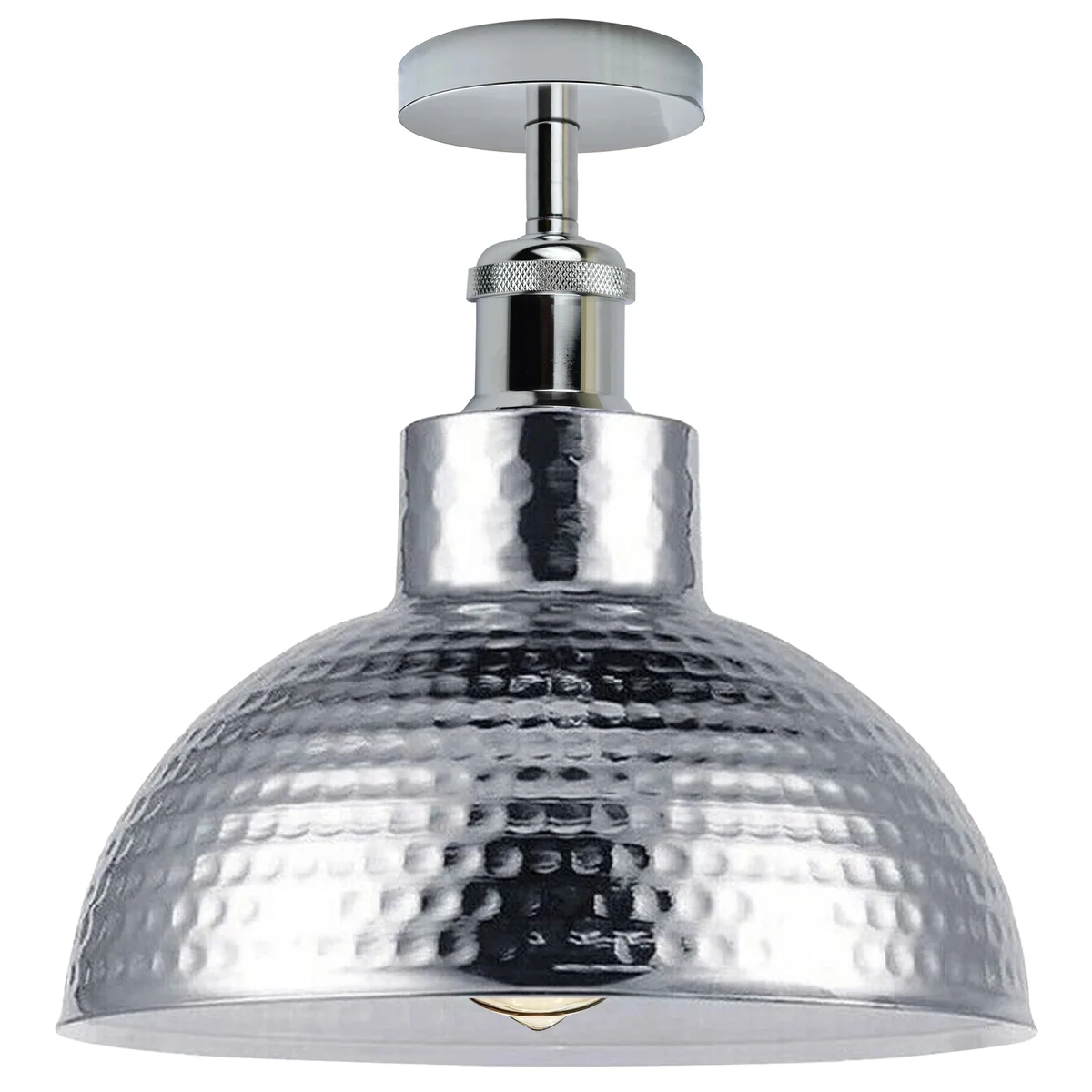 Vintage chrome ceiling light flush mounted, metal fixture with round lampshade, sleek retro style.