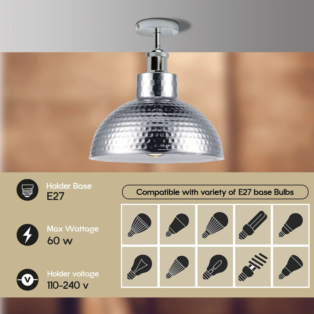 Chrome semi flush ceiling fixture with metal housing and lampshade, flush mounted on ceiling.