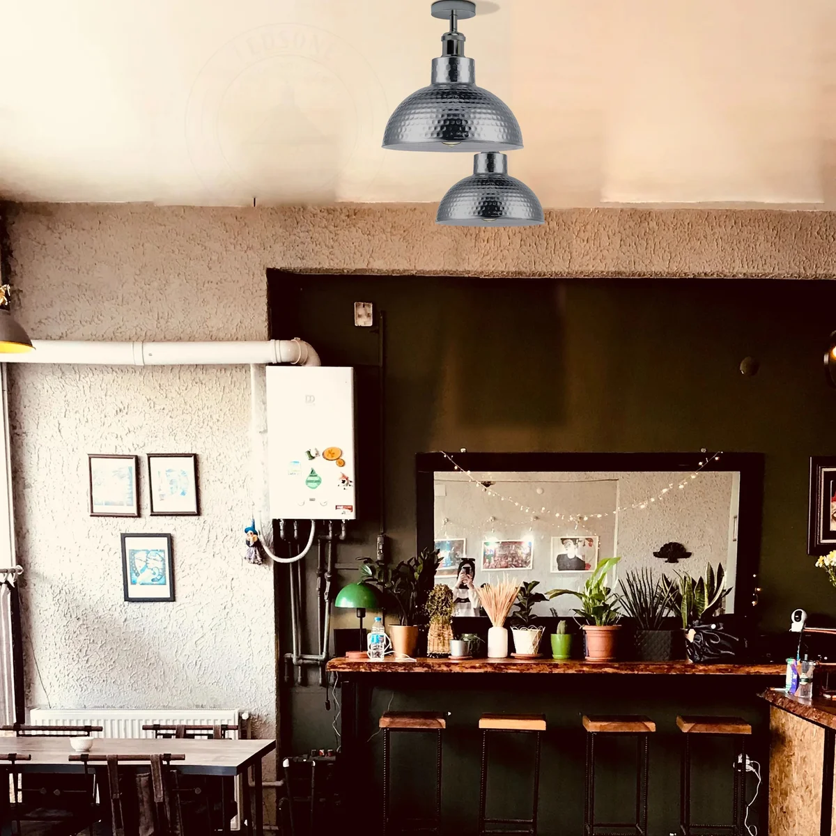 Retro metal ceiling lamp with chrome finish, flush mount, no visible gap, sleek design.