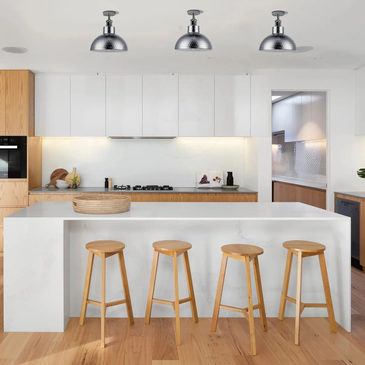 Chrome ceiling light fitting, semi‑flush vintage design, mounted flush on ceiling, round metal fixture with translucent shade.