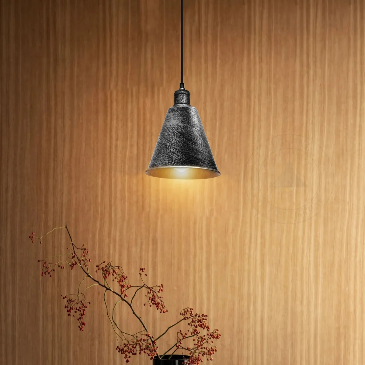 Modern pendant light hanging cone lamp in brushed silver, metal body with PVC cord, fixture and canopy visible