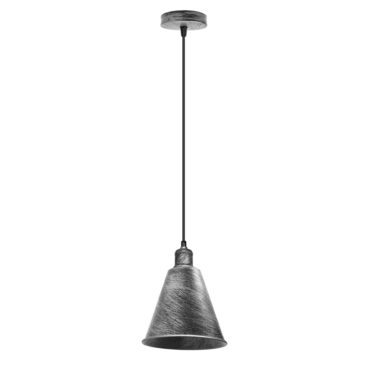 Cone-shaped hanging light featuring a brushed silver pendant, metal shade, 95 cm cable, and ceiling canopy.