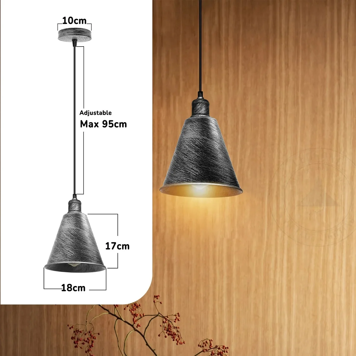 Modern brushed silver cone E27 pendant lamp hanging from ceiling with 95cm PVC cable, features silver metal shade.