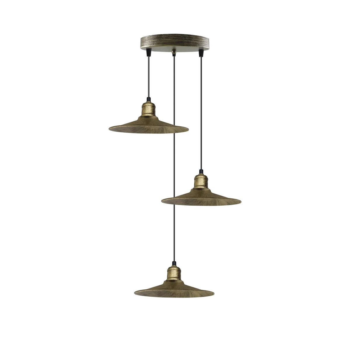 Brass vintage ceiling pendant with three 22cm flat lamp shades, adjustable cables and metal rose – rustic style lighting