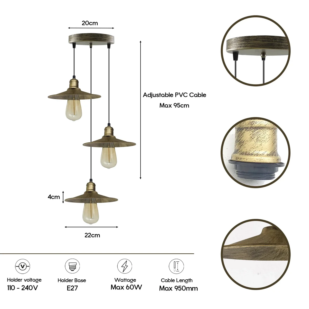 Brushed brass 3 light pendant with flat shade, 95 cm adjustable cable, metal rose, vintage style hanging light fixture.