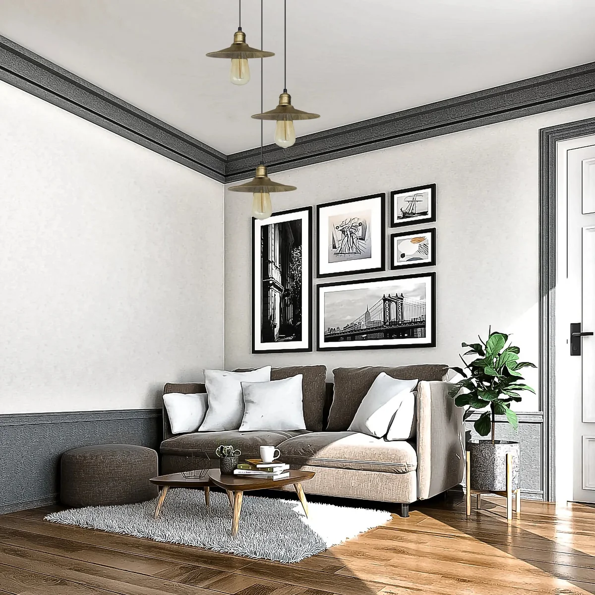 Vintage brass 3‑light pendant with flat metal shades and adjustable cable light, mounted to a ceiling rose.