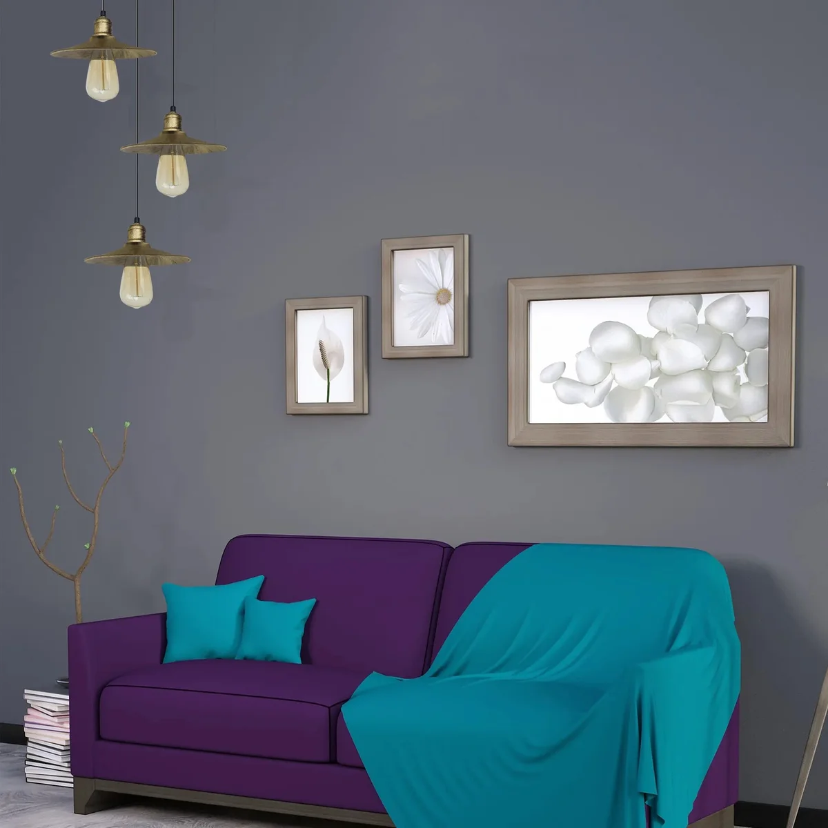 antique brass pendant light with 3 brass pendant holders and flat metal shades hanging from the ceiling