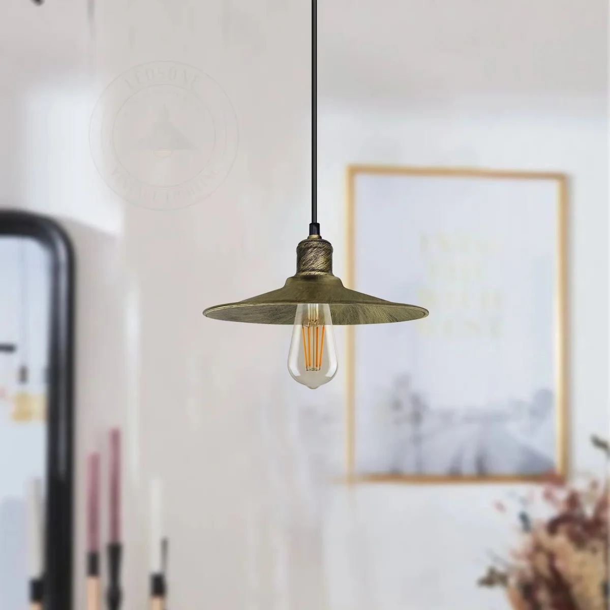 Vintage ceiling pendant light on a brushed brass metal shade with a 95cm adjustable cable, hanging from a ceiling rose.