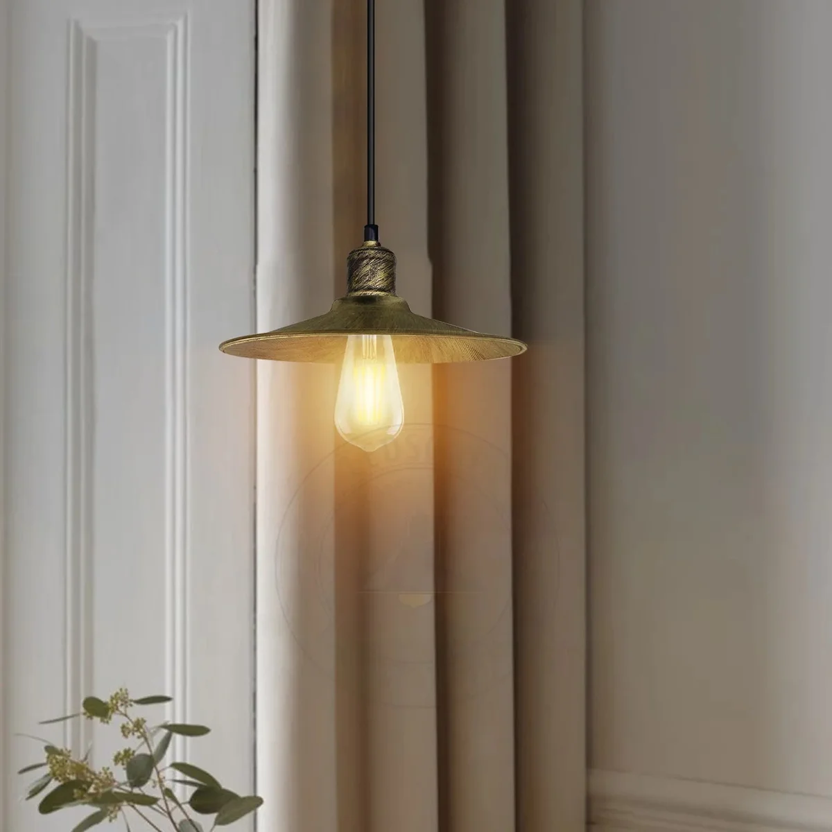 Brushed brass ceiling light pendant with 95cm adjustable cable and vintage cone shade.