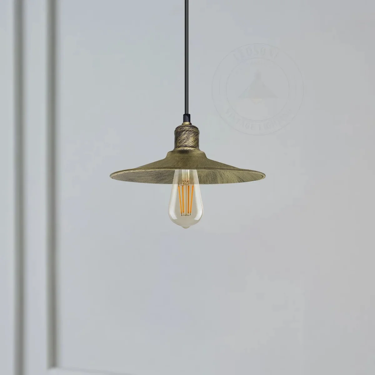 Brushed brass metal ceiling pendant, cone shade, 95cm cable, serving as an E27 bulb pendant, vintage style