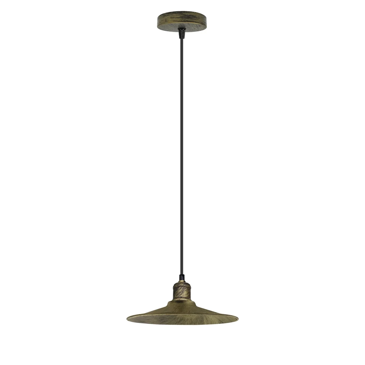 Adjustable cable pendant in brushed brass vintage style, metal shade and rose hanging from ceiling, E27 base included.