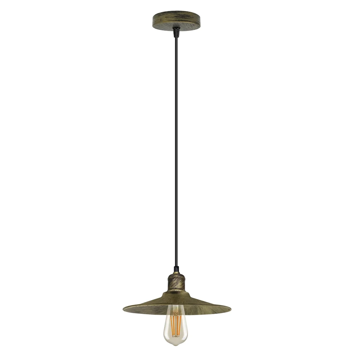 Dimmable ceiling light with brushed brass metal shade, vintage style, hanging 95cm cable.