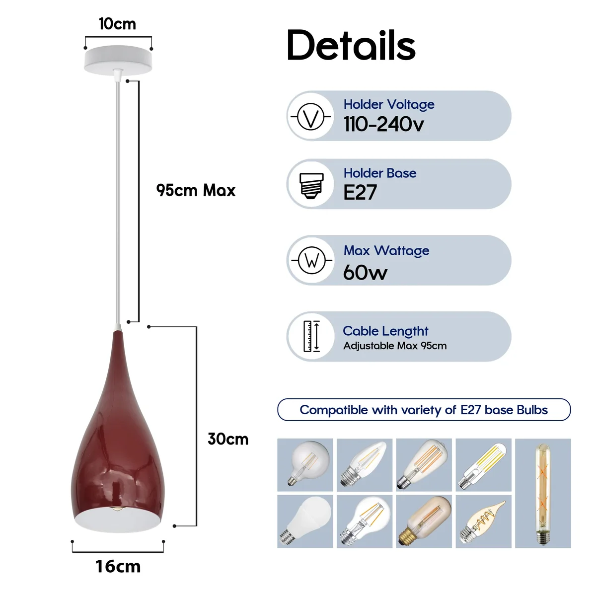 Modern pendant light with teardrop metal shade in bugundy, hanging from ceiling