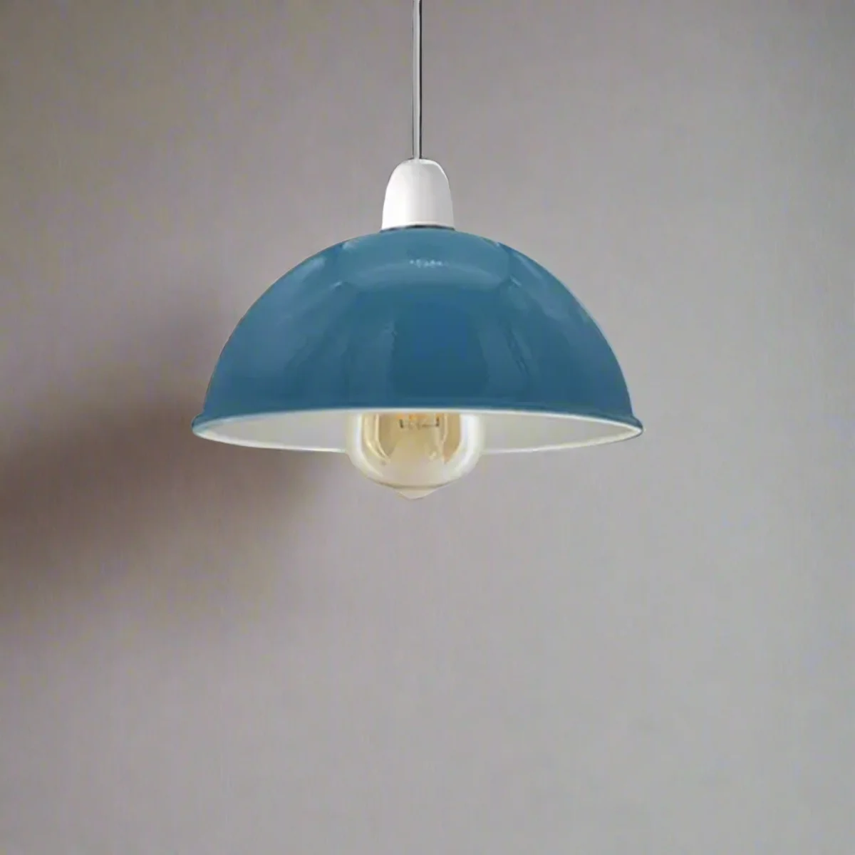Vintage metal lamp shade in blue, dome shape, 100 mm high and 210 mm diameter, ready to fit E27 fixtures
