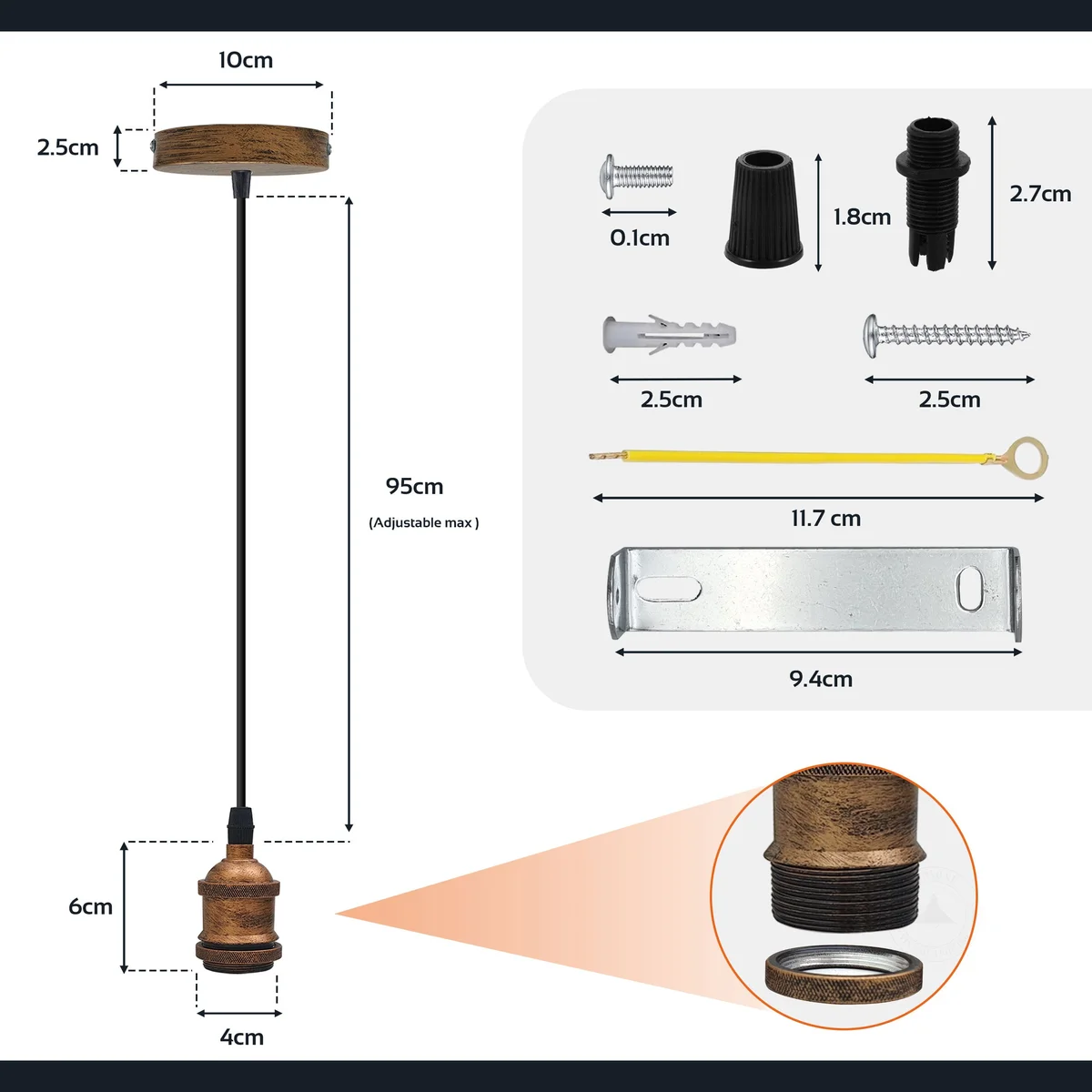 Vintage metal E27 pendant light hanging 95cm from ceiling, 10cm metal plate, simple design, dimmable option