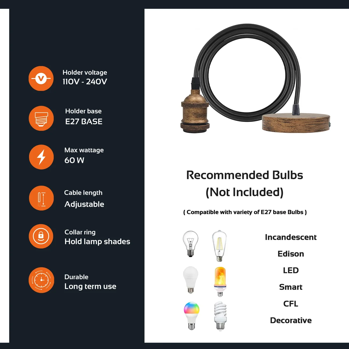 Vintage metal pendant lamp with 95cm cable, installed on ceiling, featuring dimmable E27 base, suitable for living room