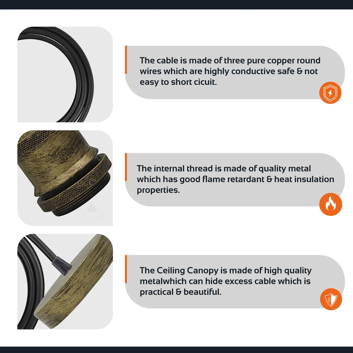 Vintage indoor hanging light with metal pendant, 10cm plate, 95cm cable, and E27 bulb holder.