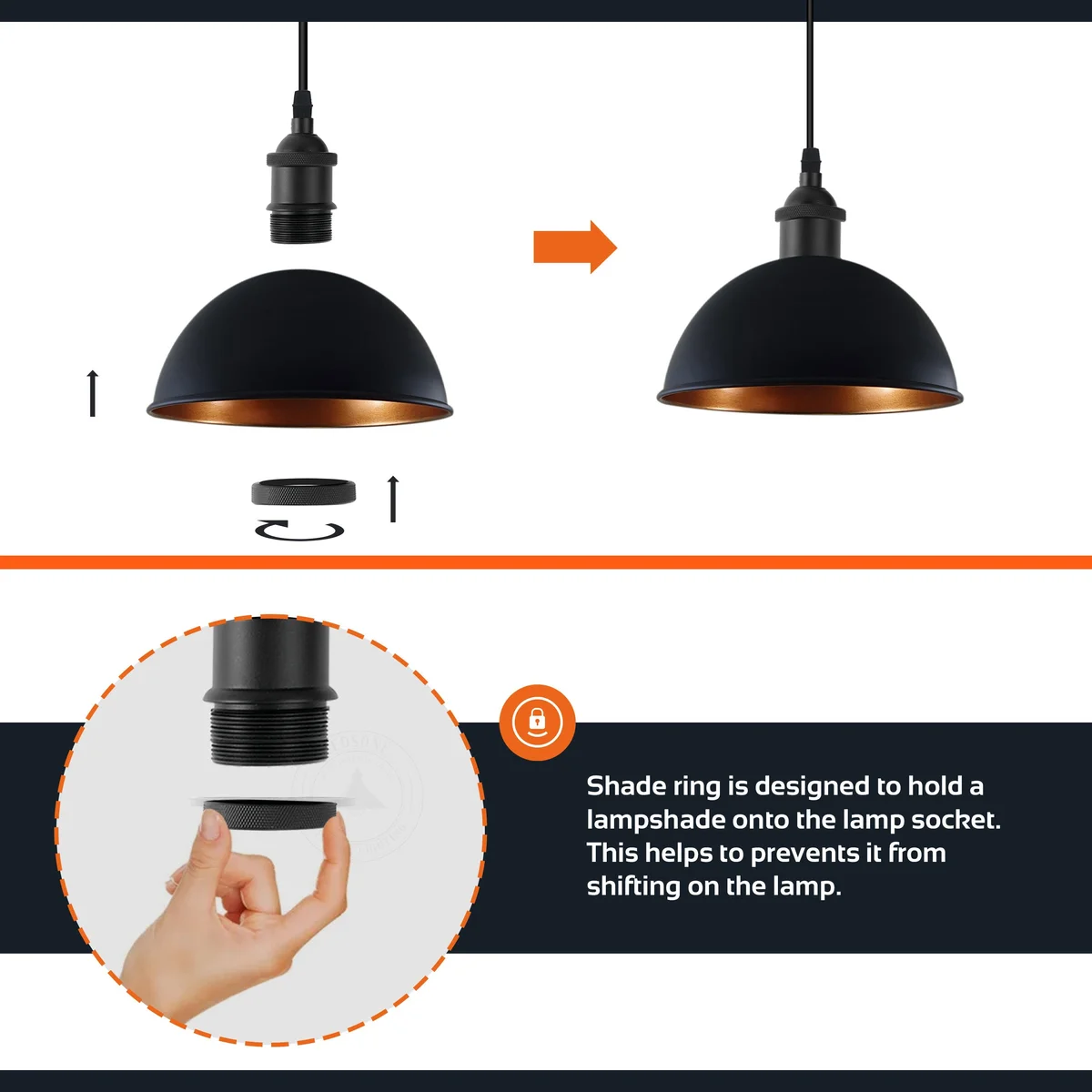 Metal pendant vintage style ceiling light with small round plate, 95cm cable, compatible with E27 bulb.