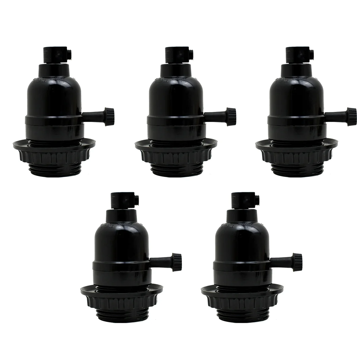 Five black E27 light bulb holder sockets with screw terminals, vintage metal and heat‑resistant plastic, for indoor use
