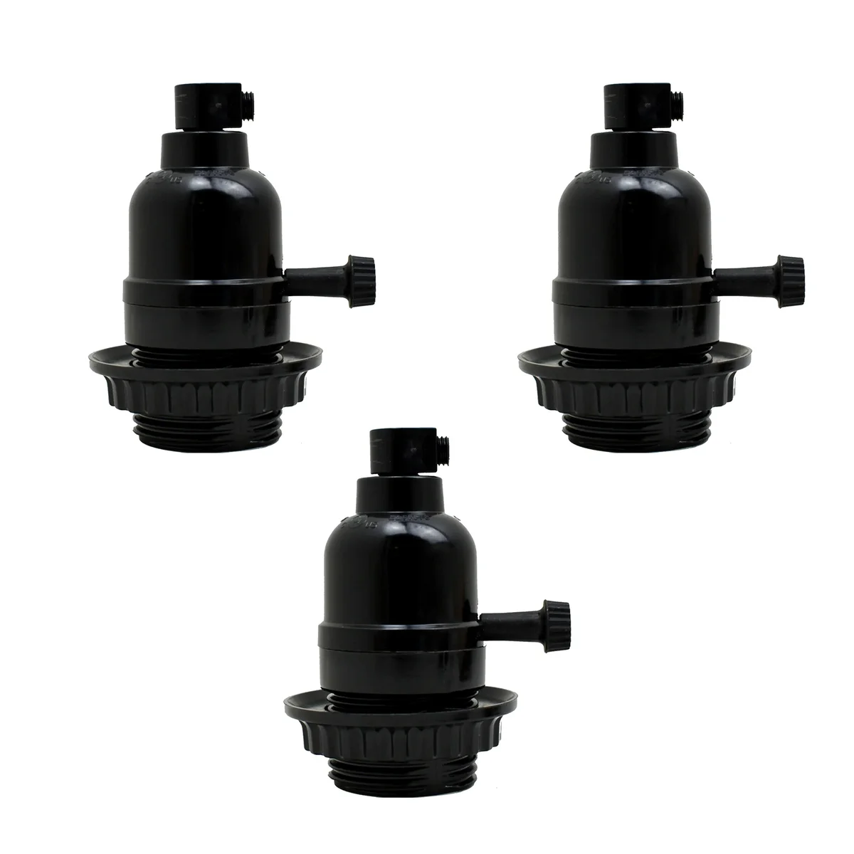 Three vintage style E27 light bulb holders on white plastic screw socket, metal base, suitable for indoor lighting