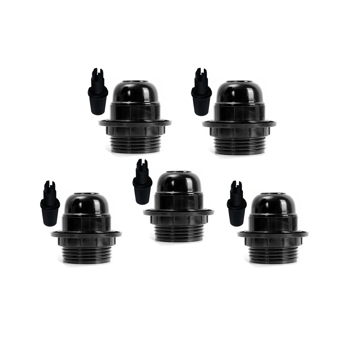 Five black industrial E27 bulb holder, metal body, heat‑resistant plastic internals, each with cord grip