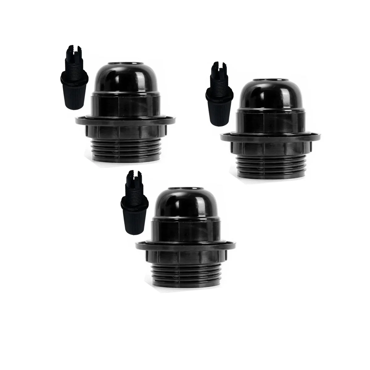 Three black vintage E27 light bulb holders, metal and heat‑resistant plastic sockets in a pack