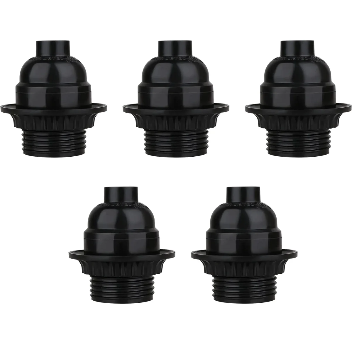 5 black E27 lamp holders in heat‑resistant plastic, each with screw cap and cord grip, shown in a small wholesale pack.