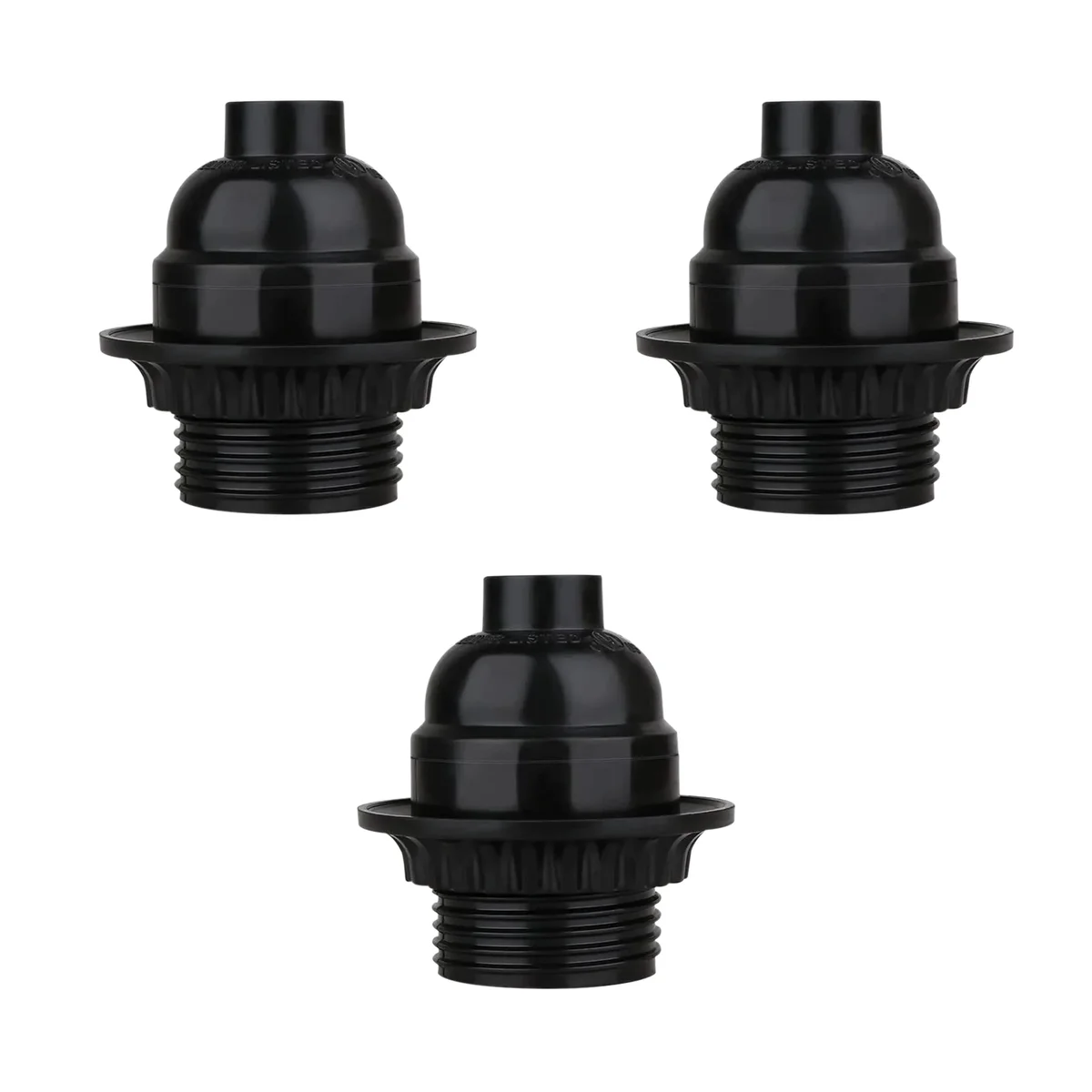 Black screw-type lamp holders with metal, 3-pack, each a E27 light bulb holder, suitable for indoor use.