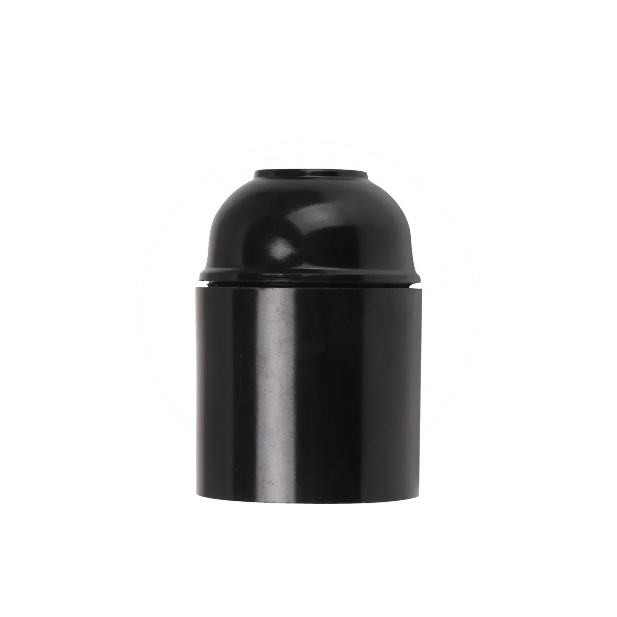 Three black plastic lamp holders on a flat surface, each with a removable cap and threaded cord grip.