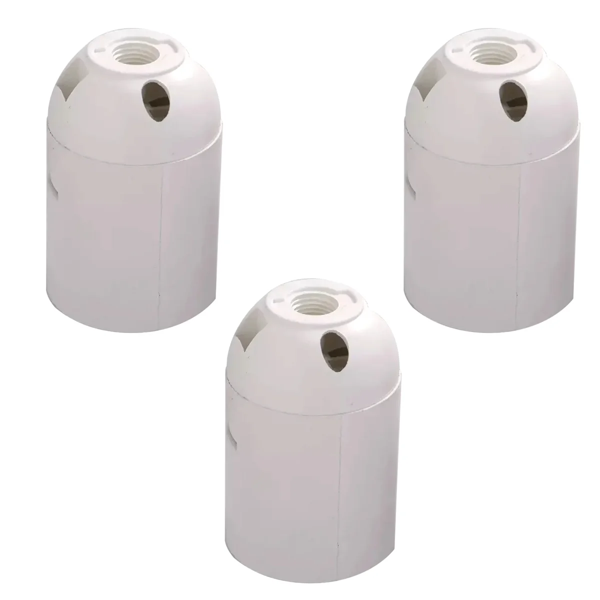 White E27 lamp holder set of three, metal and heat‑resistant plastic, round base with screw terminals