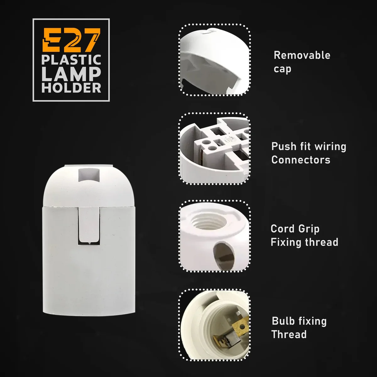 Three white E27 lamp holders with metal bodies and heat‑resistant plastic, featuring screw‑terminal wiring for indoor use.