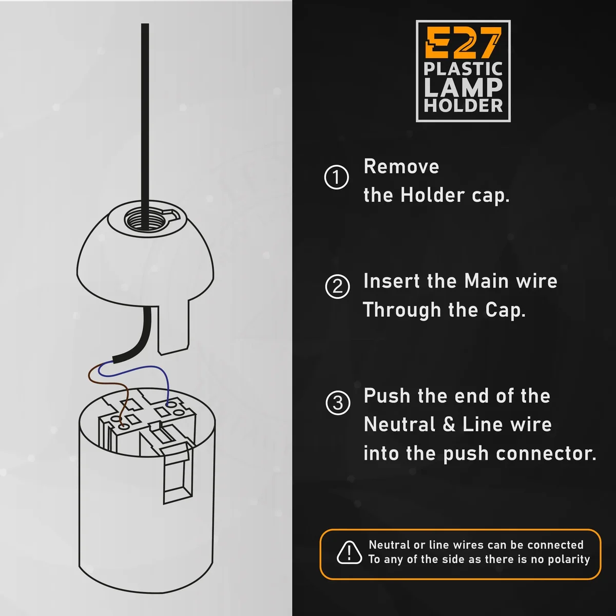 Three black plastic E27 bulb holders with screw terminals, suitable for indoor lamp sockets, shown in a small pack