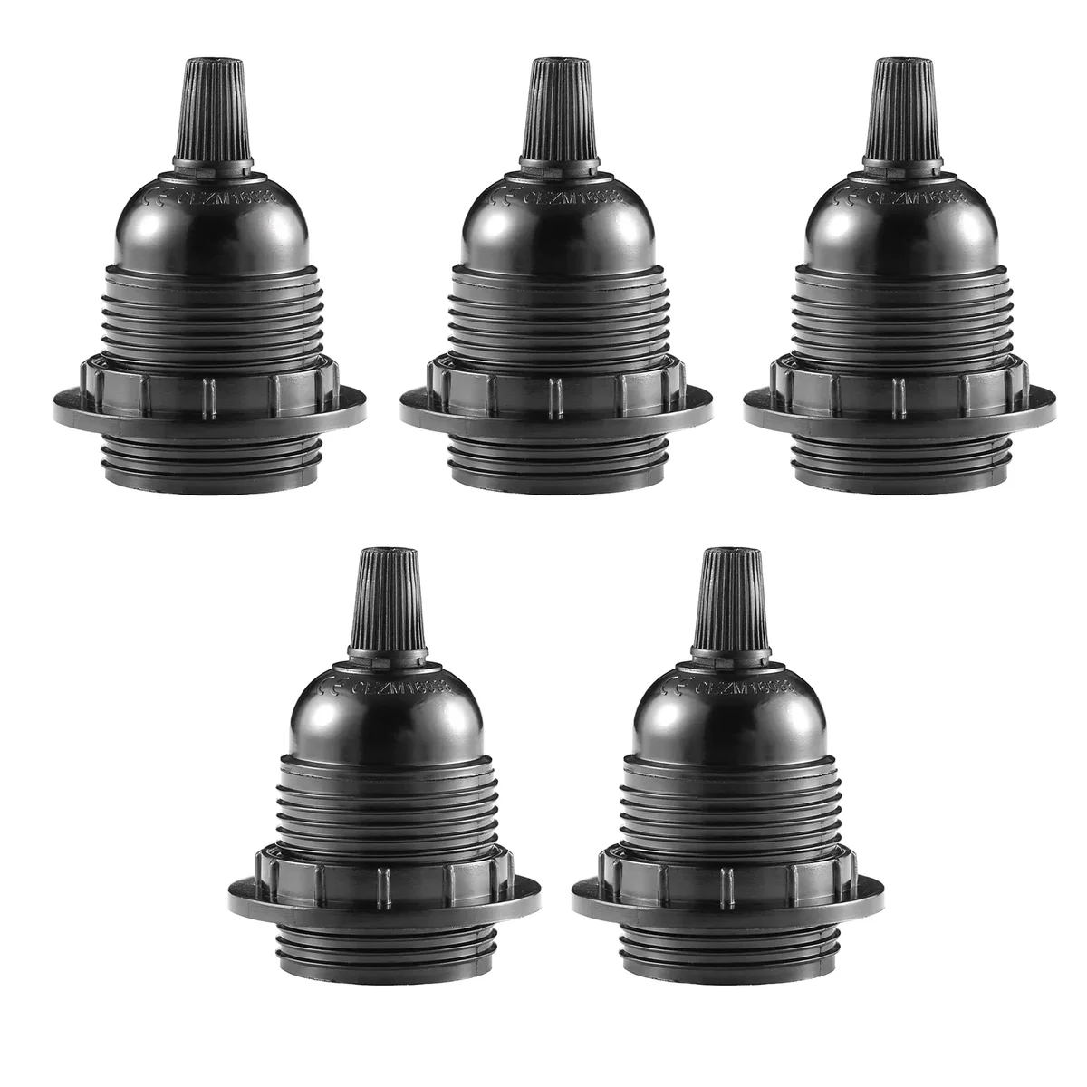 Five black E27 lamp holders with metal base and heat‑resistant plastic, suitable for indoor lighting fixtures