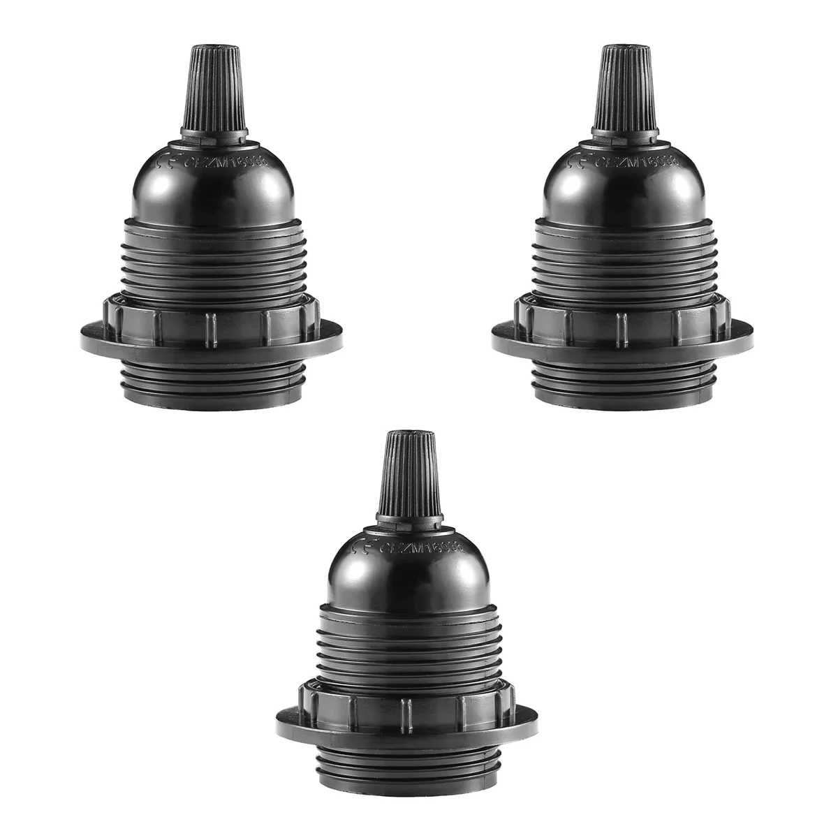 Three black metal E27 lamp holders with cord grips and heat‑resistant plastic mounting.