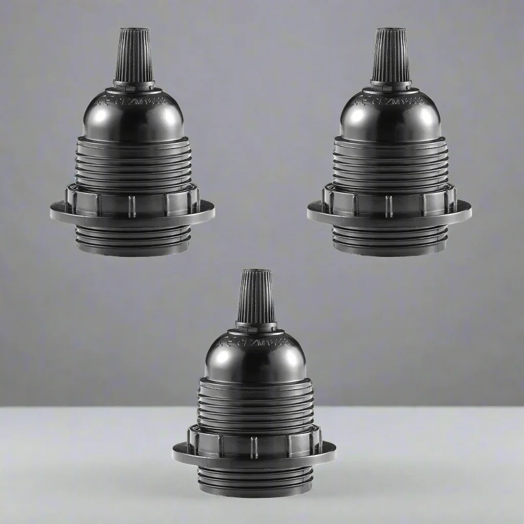 Set of three black E27 lamp holders with heat‑resistant plastic and metal parts, perfect DIY lamp parts