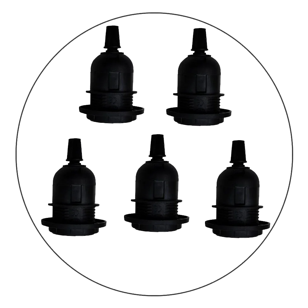 Set of five black metal E27 pendant lamp holders with heat‑resistant plastic grips, showing a vintage bulb socket design