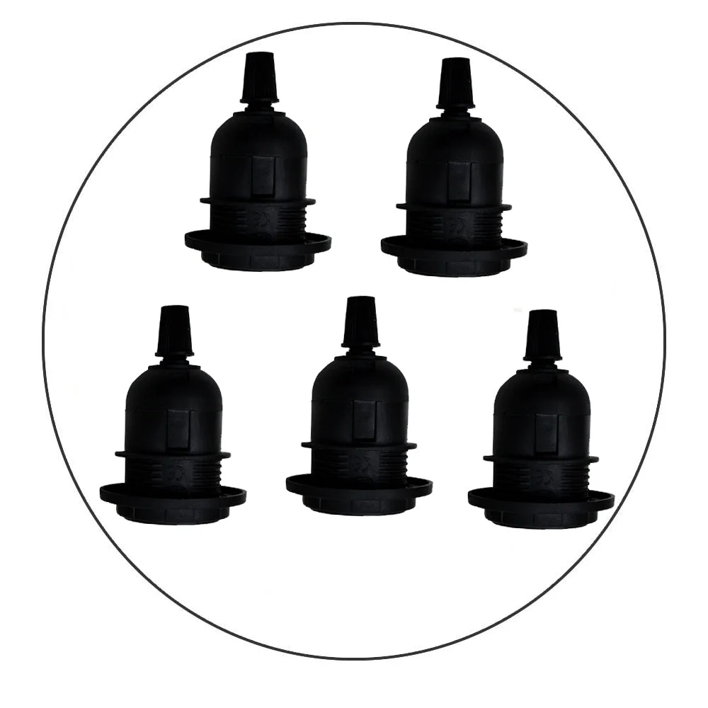 Five black E27 lamp holders in a pack, shown together.