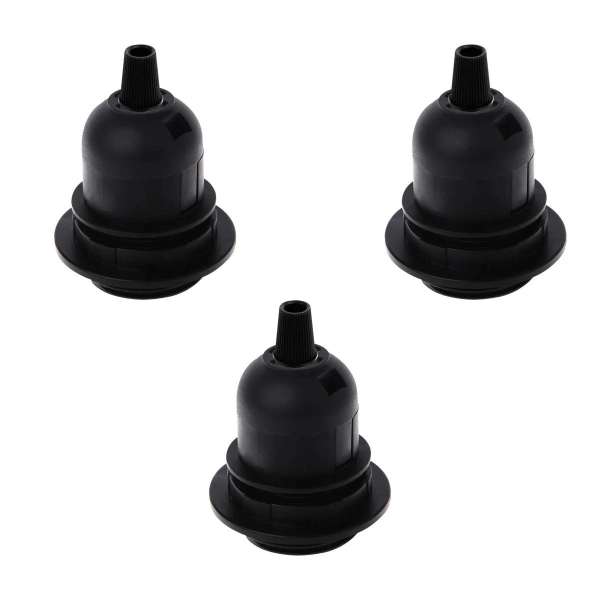Black metal and plastic E27 light bulb holder with screw terminal and cord grip, 3‑pack.
