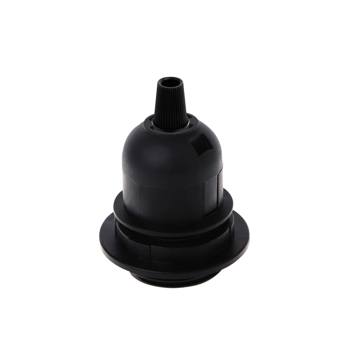 Black light bulb socket with cord grip, metal and heat‑resistant plastic body, suitable for E27 screw bulbs.