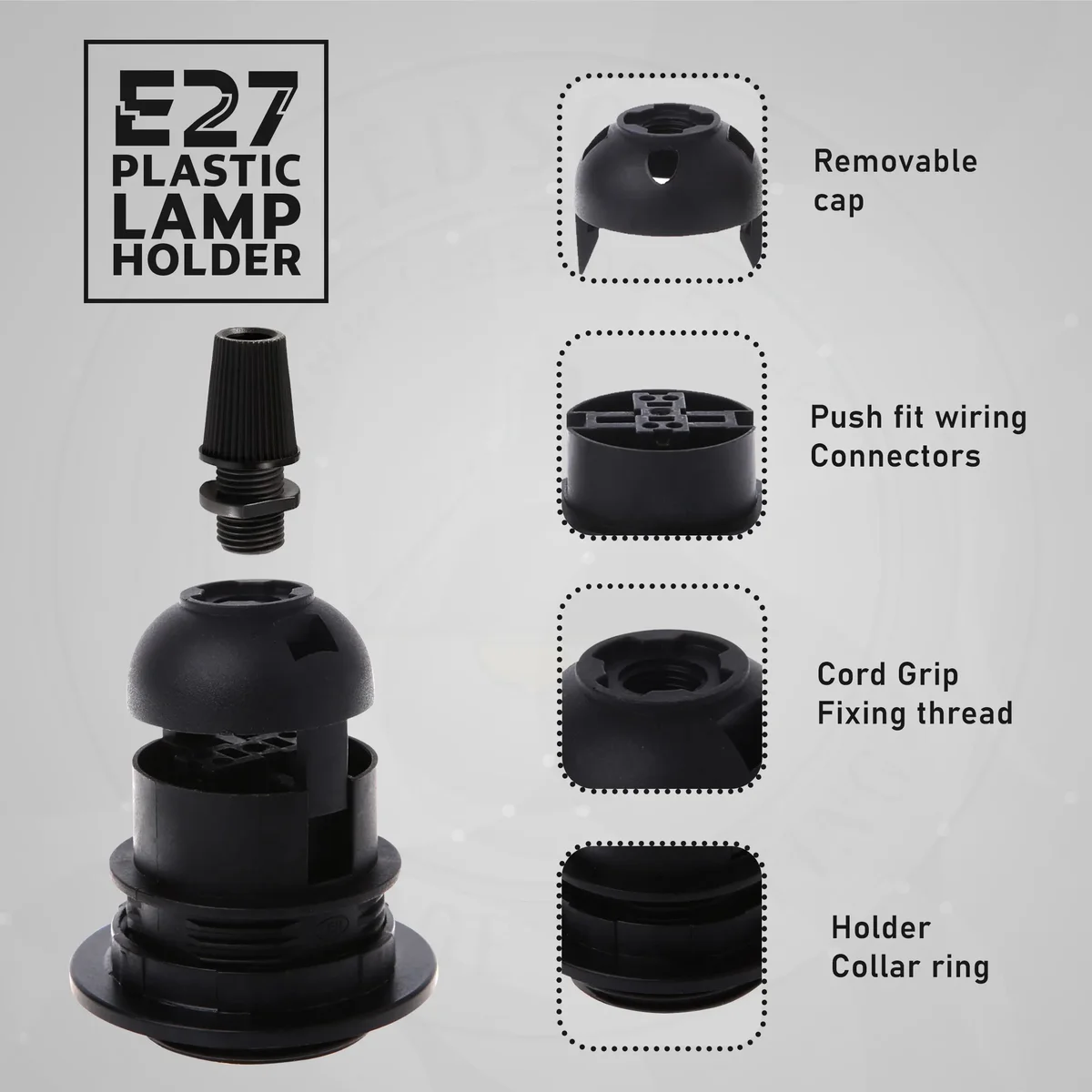 Three vintage black E27 pendant socket holders with cord grips, metal and heat‑resistant plastic, suitable for indoor use.