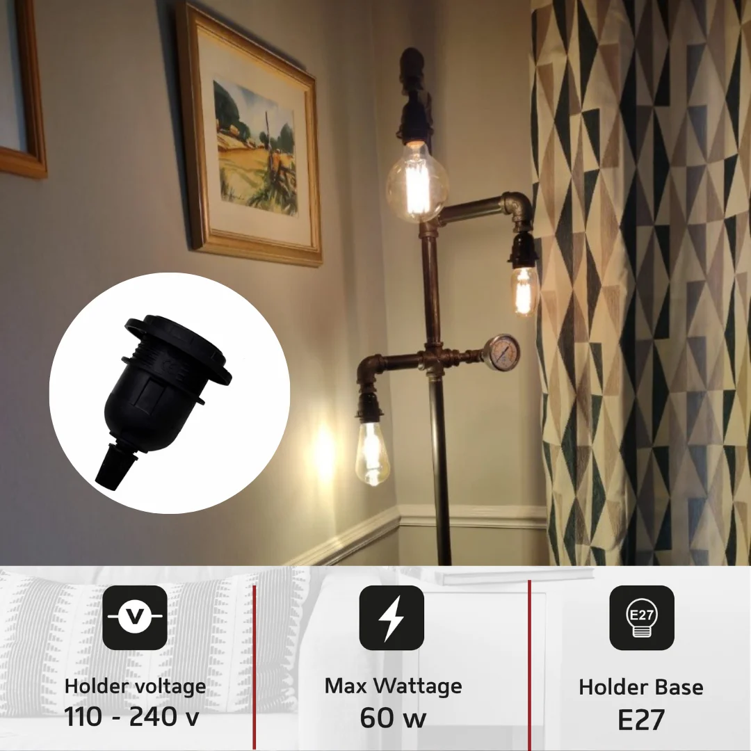 Black E27 pendant lamp holder with metal body, plastic heat‑resistant housing, cord grip and vintage style shade ring.