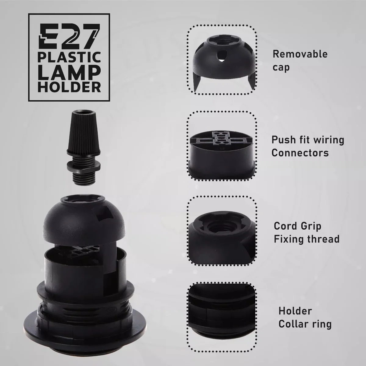 Black E27 bulb holder with metal shade ring and cord grip – vintage style light holder
