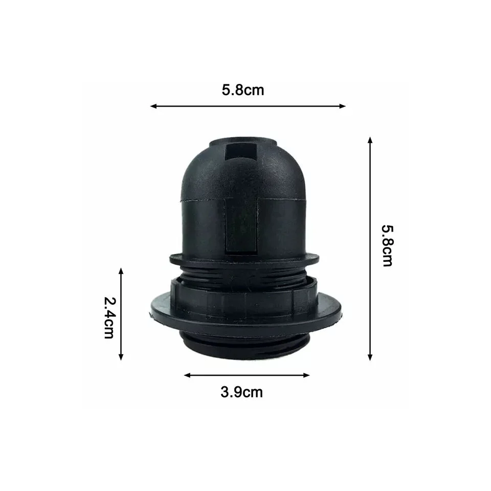 Black vintage lamp holder with E27 screw socket, shade ring, and cord grip, metal and heat-resistant plastic frame.