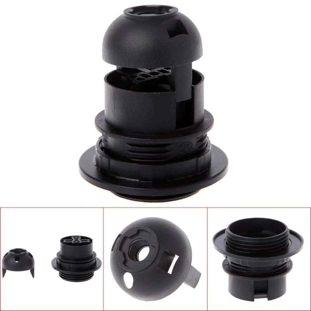 Black metal indoor lamp holder with E27 screw base, pendant shade ring, cord grip, suited for indoor lighting.
