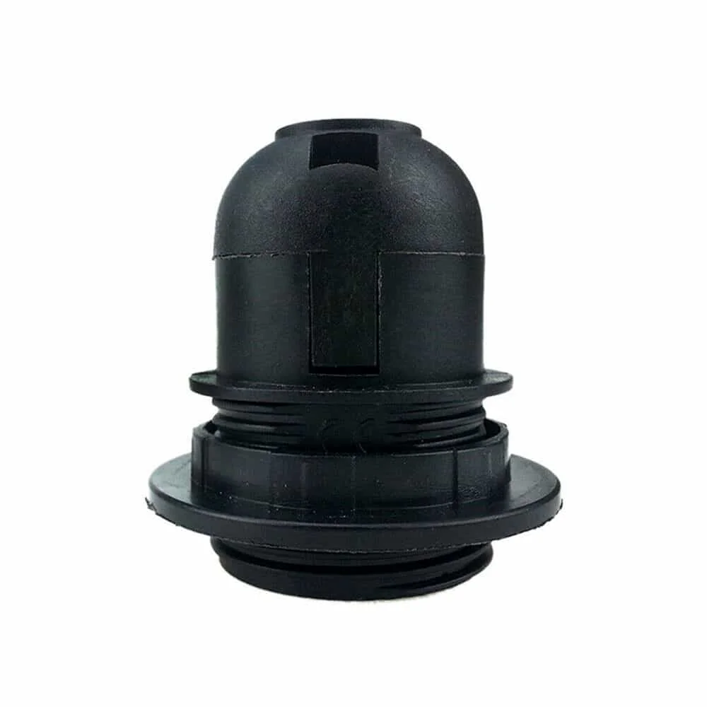 Black metal E27 lamp holder with shade ring and cord grip, metal base and heat‑resistant plastic housing.
