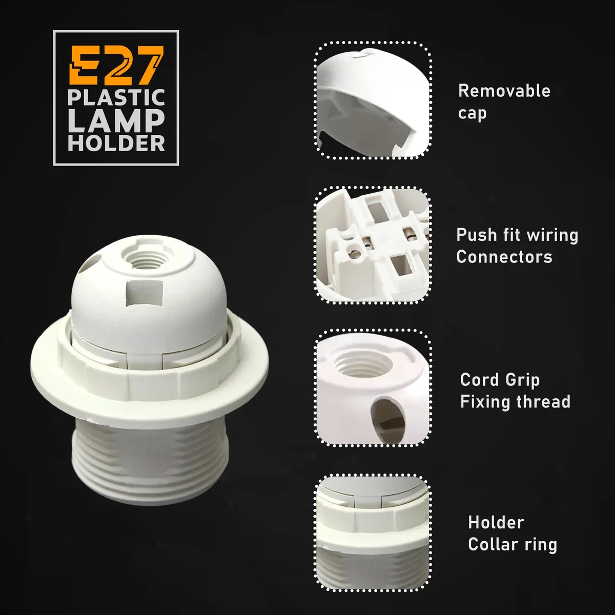 White Edison screw lamp holder with metal and heat‑resistant plastic, shown as a pendant socket holder for E27 bulbs